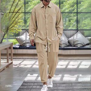 Khaki Beige Men's Button Down Long Sleeve Shirt & Pants Resort Outfit